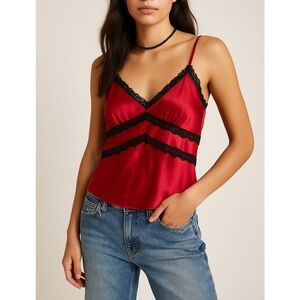 Vintage Studio Y Red Satin Black Lace Cami Tank Top Lingerie Coquette Y2K M